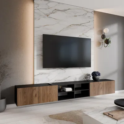 Produktbild von Modernes TV Lowbord mit 4 Türen Presto Große TV Schrank mit offene Fächer 300cm breit Lowboard Fernsehtisch mit geriffelte Fronten, Farbe: Schwarz, Eiche Catania, Anzahl der Türen: 4