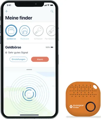 Produktbild von musegear® Schlüsselfinder mit Bluetooth App aus Deutschland I Maximaler Datenschutz I orange 2er Pack I Schlüssel finden
