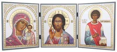 Holz-Ikonen-Triptychon, 18x46 cm, Gottesmutter von Kazan, Jesus, Hl. Pantaleon