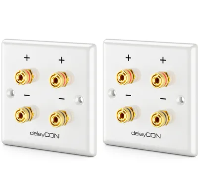 Produktbild von deleyCON 2 Stück Multimedia Lautsprecher Boxen Wanddose Anschlussdose Wandplatte mit Bananenstecker-Buchsen für 2 Lautsprecher (Rot / Schwarz) - für Hi-Fi Surround Sound System Heimkino 2er Set