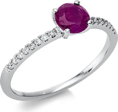 Produktbild von Ring aus 750 Weißgold Rubin 0,61ct rot 16 Brillanten 0,1ct TW-SI B:5mm 4er-Krappe, Ringgröße:Innenumfang 53mm  Ø16.9mm