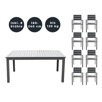 Produktbild von HOME DELUXE - Gartentisch ausziehbar - CASA - ca. 160 (240) x 100 x 74 cm - inkl. 8 Stühlen, Gestell und Tischplatte Aluminium - inkl. Zubehör I Gartenmöbel Ausziehtisch Balkonset