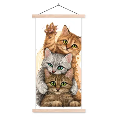 Produktbild von MuchoWow® Textilposter Katzen - Illustration - Haustiere - Katze 60x120 cm mit holzfarbenen Rahmen - Holz