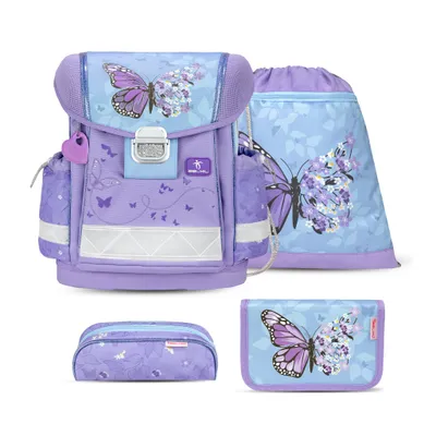 Belmil Classy ergonomisches Schulranzen-Set 4-teilig "Purple Blue Butterfly" mit Brustgurt