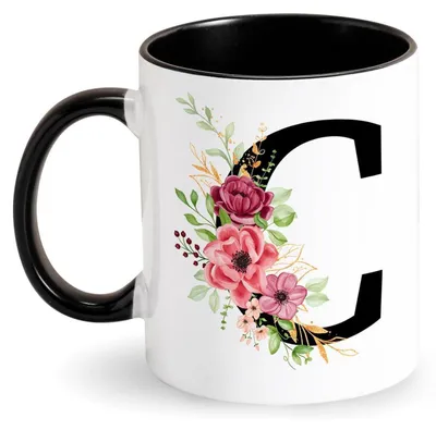 Productafbeelding van Koffiekop met initial "K" en bloemenmotief, zwart, keramiek, 350 ml