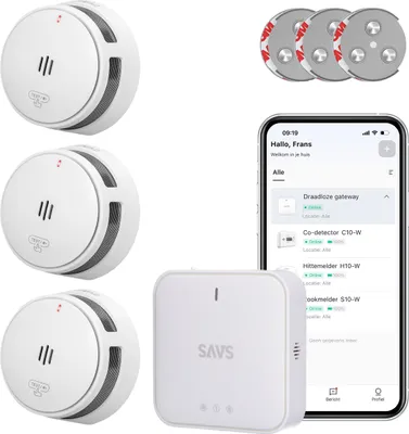 Produktbild von SAVS LinkSmart Intelligenter Rauchmelder-Bundle ohne Bohren - 3 S10-W Rauchmelder und G10 Basisstation - Mit Magnetbefestigung - Funktioniert über App