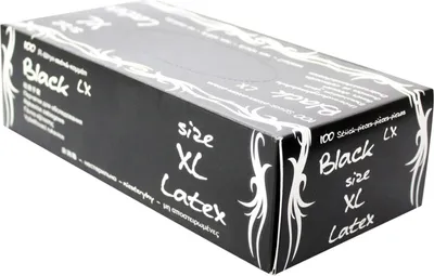A black box of latex gloves with white text and decorative elements.