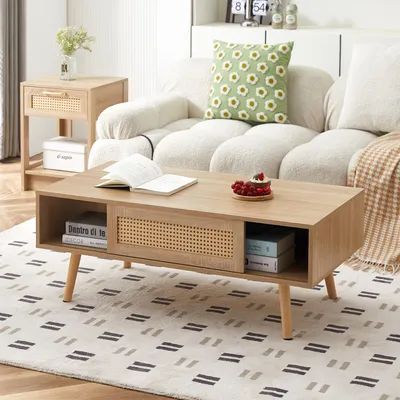 Produktbild von STILVORA Couchtisch mit Korbgeflecht und Schiebetüren, Wohnzimmertisch mit Massivholzbeinen im modernen Design, Beistelltisch in natürlicher Holzfarbe