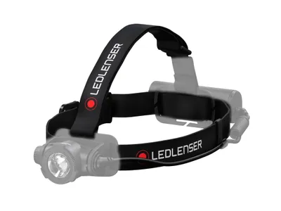 A black headlamp with the brand name 'LEDLENSER' printed on the strap.