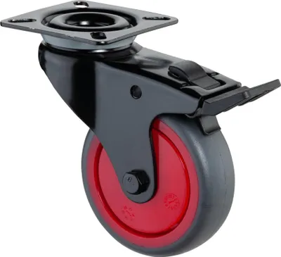 Produktbild von BS Rollen Lenkrolle mit Feststeller Rad-Ø 75 mm Tragfähigkeit 60 kg, mit Anschraubplatte mit Totalfeststeller, Gummi grau
