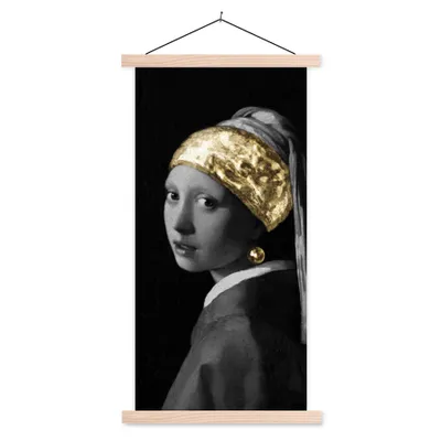 Produktbild von MuchoWow® Textilposter Mädchen mit einem Perlenohrring - Vermeer - Gold 60x120 cm mit holzfarbenen Rahmen - Holz