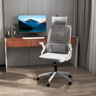 Produktbild von Bürostuhl ergonomisch mit Kopfstütze, Schreibtischstuhl Mesh, Homeoffice-Stuhl höhenverstellbar, Grau | 60×61×121,5 cm | Netzrücken