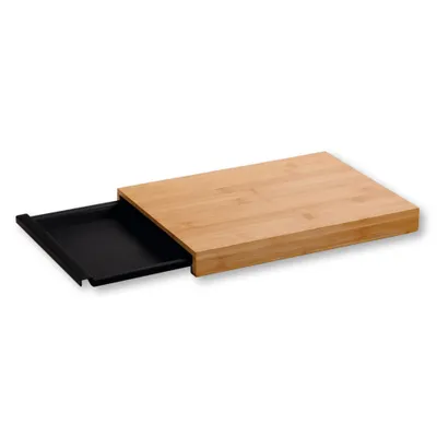 A bamboo cutting board with a black pull-out tray, shown on a white background.