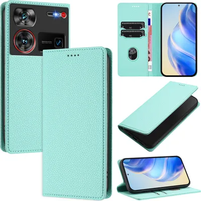 Produktbild von Litchi Leder Handyhülle für ZTE Nubia Z60 Ultra Wallet Kartenfächer Standfunktion Hülle Türkis