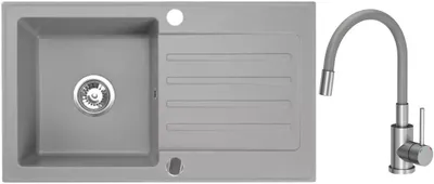 Immagine prodotto di VBChome Lavello in granito 76 x 44 cm Grigio con rubinetto flessibile Lavello da incasso a vasca singola Reversibile Speckled Lavello di facile manutenzione con sifone