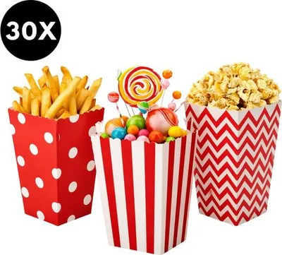 Produktbild von Ultiluxe Popcorn Bakjes - 30 Stück - Karton Popcorn-, Süßigkeiten- und Snackbehälter - Rot/Weiß - 12 x 7,2 cm