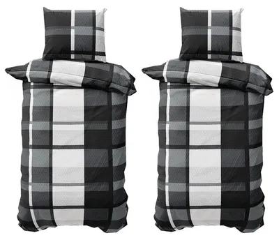 Produktbild von Winter Bettwäsche 155x220 cm Bettbezug Set Thermofleece Schwarz Grau Karo 4 teilig