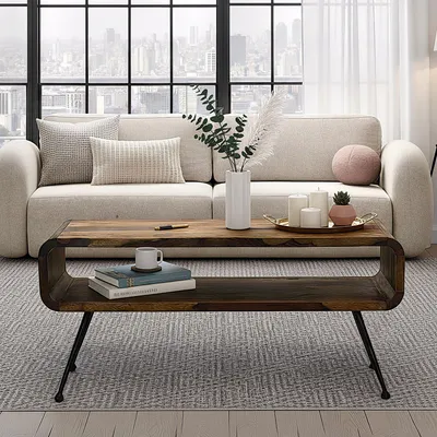 Produktbild von FineBuy Retro Couchtisch Sheesham Massivholz 100cm · Wohnzimmertisch rechteckig Ablagefach · Handgefertigter Sofatisch Metallbeinen Industrial Design