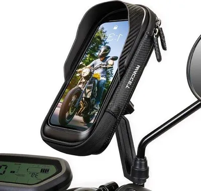 Obrázek produktu pro Vodotěsný držák na telefon s otočením o 360°, černý, na zrcátko motocyklu