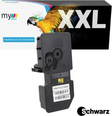 A product shot of a toner cartridge and its packaging, featuring a parrot graphic and large 'XXL' text.