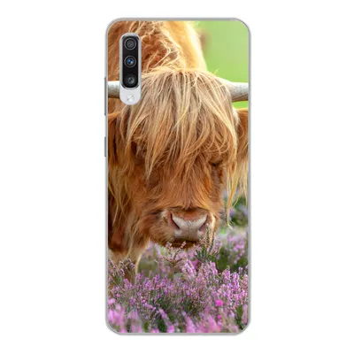 Produktbild von MuchoWow® Handyhülle Schutzhülle Hülle für Samsung Galaxy A70 Schottischer Highlander - Lila - Blumen Silikon Softcase Handy Hülle - Schutzhaube