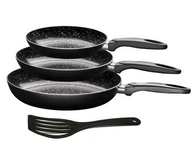 A set of three frying pans stacked on top of each other, with a spatula placed below them, all on a white background.