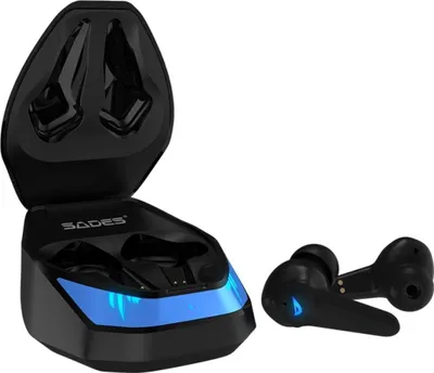 A pair of black wireless earbuds and their charging case are displayed against a white background. The charging case is open, revealing the interior where the earbuds are meant to be stored. The case has a blue LED light strip along the front.