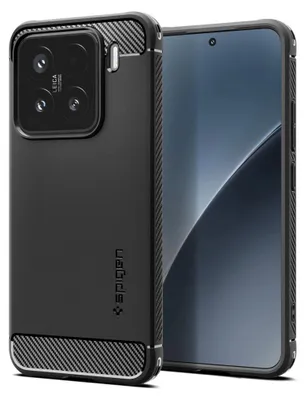 A black phone case with carbon fiber accents is shown next to a smartphone.