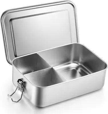 Productafbeelding van RVS Lunch Box, 3 Compartimenten, Lekvrij, 850 ml, Vaatwasserbestendig, voor School