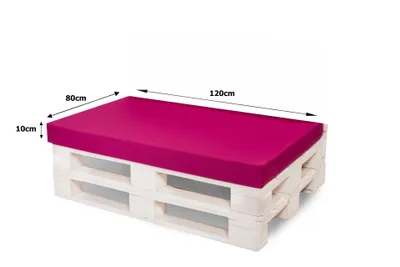 A pink cushion on a white wooden pallet base, with dimensions indicated by text overlays.