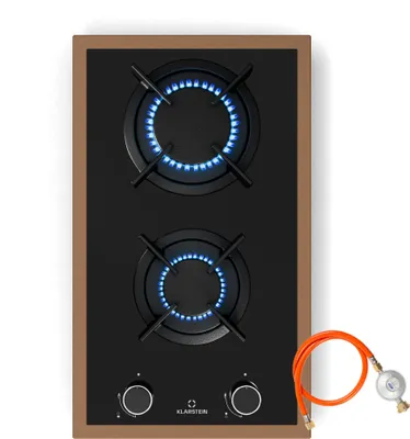 Image de Klarstein Lumiflame Plaque De Cuisson Gaz, 2 Brûleurs 4,2 kW, Verre Trempé & Cadre Cuivre, Allumage Électrique, Sécurité FFD, Supports Fonte, Kit Conversion GPL/Naturel Inclus