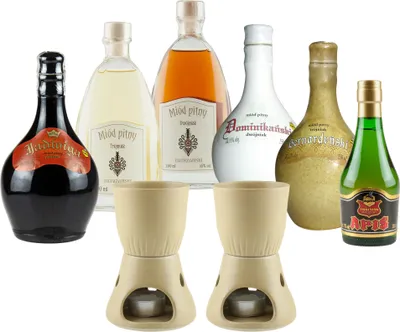 Produktbild von Setz von 6 Mets  mit Keramikwärmern (Honigwein Półtorak-Eineinhalber/ 2x Dwójniak-Halber / 3x Trójniak-Drittel) |1400ml | 13-16% Alkohol Metwein | Polnische Produktion
