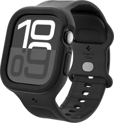 A black Spigen Vault Pro Apple Watch case with a watch face showing the time.