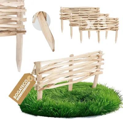Produktbild von BOGATECO 3x Gartenzaun aus Haselholz 60cm x 20cm Beeteinfassung Rasenkanten Zaun Holz Beetumrandungen Staketenzaun Beetabgrenzungen Steckzaun Perfekt als Beet-Umrandung oder Weg-Abgrenzung