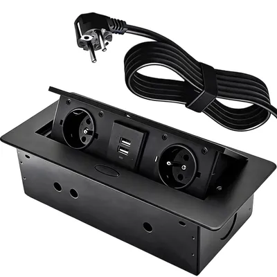 Produktbild von Versenkbare Aluminium Einbausteckdose 2-fach & 2 USB Anschlüssen, 2500W/16A, Tischsteckdose mit 1.5M Kabel für Arbeitsplatte Küche Büro Schwarz, Retoo