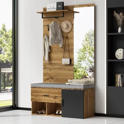 Produktbild von MODFU Garderobenset in Holzoptik mit Spiegel, Schuhbank (104 x 39 cm) mit Polster, Schuhschrank, Schublade, Regal, Kleiderhaken – Praktisches Design für den Eingangsbereich