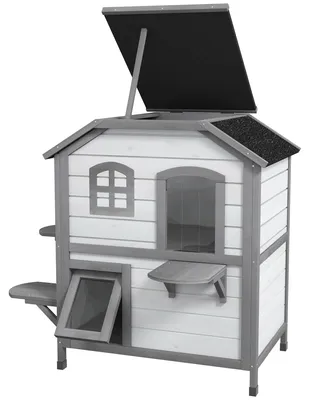 Produktbild von PawHut Katzenhaus Outdoor Katzenhütte 2-Etagen Katzenvilla Asphaltdach Weiß
