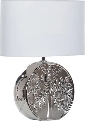 Produktbild von BELIANI Tischlampe Silber 49 cm Keramiksockel Glänzend mit Baummotiv Kabel mit Schalter Lampenschirm in Weiß Schlafzimmer Wohnzimmer Glamourös