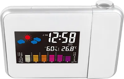 Obrázek produktu pro Bílé projekční elektronické hodiny pro domácnost Přenosný stolní elektronický budík s displejem teploty a vlhkosti pro kancelář Ložnice