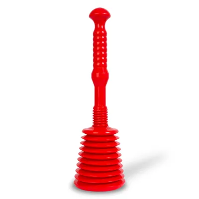 A red plunger is shown against a white background.
