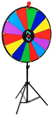 Produktbild von Relaxdays Glücksrad mit Stativ, 60 cm, höhenverstelbar, 14 Slots, beschreibbar & abwischbar, Gewinnrad mit Tasche, bunt