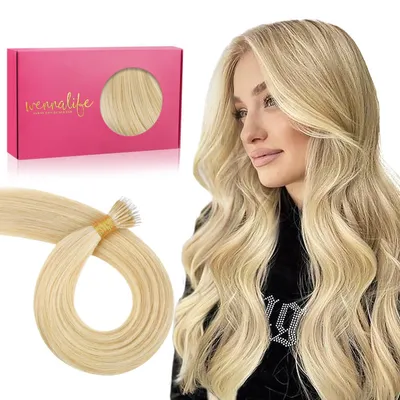 Obrázok produktu pre Nanoringové predlžovanie vlasov, prírodné vlasy, 55 cm, svetlý blond, pramienky zlatého blond, 50 g, 50 prameňov