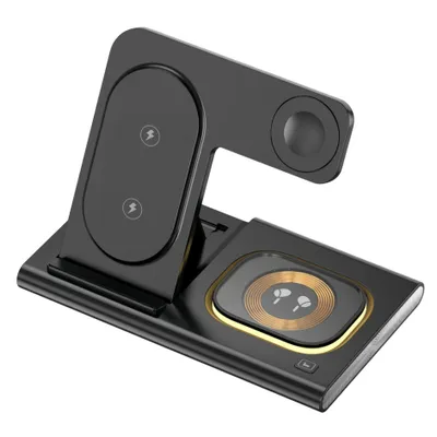 Produktbild von 4‑in‑1 kabellose Ladestation, 25W Handy-Ladegeräte, mit Doppeltspulen, Faltbare, für Mehrere Geräte gleichzeitig laden, Qi 2.0 Schnellladung, Schwarz