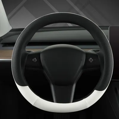 Obrázok produktu pre Poťah na volant zPolyuretánkože, čierno-biely, 35 cm, určený pre vozidlá Tesla s okrúhlym tvarom volantu