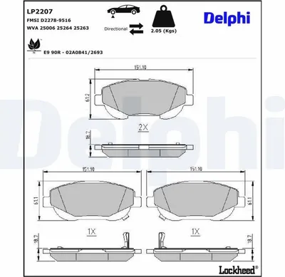 Produktbild von DELPHI LP2207 Bremsbeläge Satz Vorne Bremsklötze für TOYOTA AVENSIS Station Wagon (ZRT27, ADT27) Verso (R2) AVENSIS Stufenheck (ZRT27, ADT27)