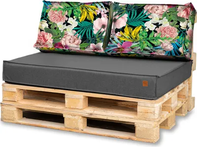 Produktbild von Palettenkissen 120 x 80 Set für Palettenmöbel Wasserdicht Europaletten Sitzkissen  EU Palettensofa komplett besteht aus 3 Teilen in Farbe: Dunkelgrau und Blumen