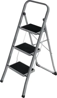 Obrázek produktu pro Skládací ocelový žebřík, 3 příčky, šířka 20 cm, protiskluzový, šedý/černý