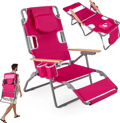 Produktbild von COSTWAY Strandstuhl klappbar, Campingstuhl mit Fußteil, verstellbarer Rückenlehne, Kopfstütze & Getränkehalter, Klappstuhl mit Liegefunktion Rosenrot
