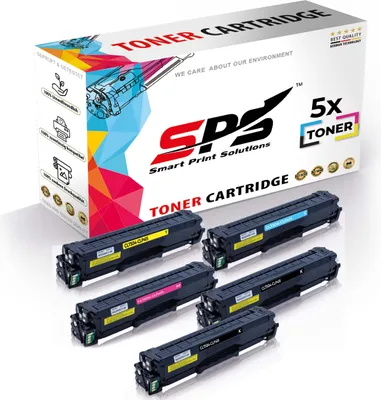 A product box for toner cartridges with several toner cartridges displayed in front of it.