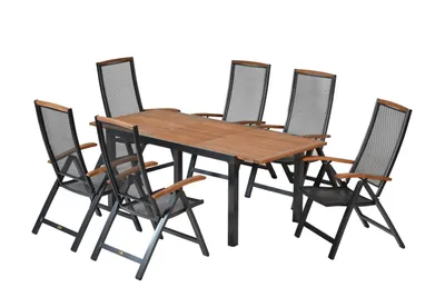 Produktbild von Merxx Gartenmöbel Set Tilos 7tlg., 6 Klappsessel, Ausziehtisch 150 (200) x 90 cm- Aluminium/Akazie